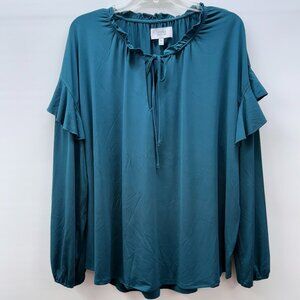 Textile Elizabeth James Size XXL Peasant Top Ruffle Collar/Sleeve Tie Neck Teal